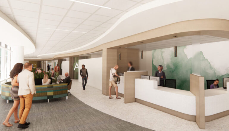 A rendering of people waiting at the Ochsner Neuroscience Center check-in desk.
