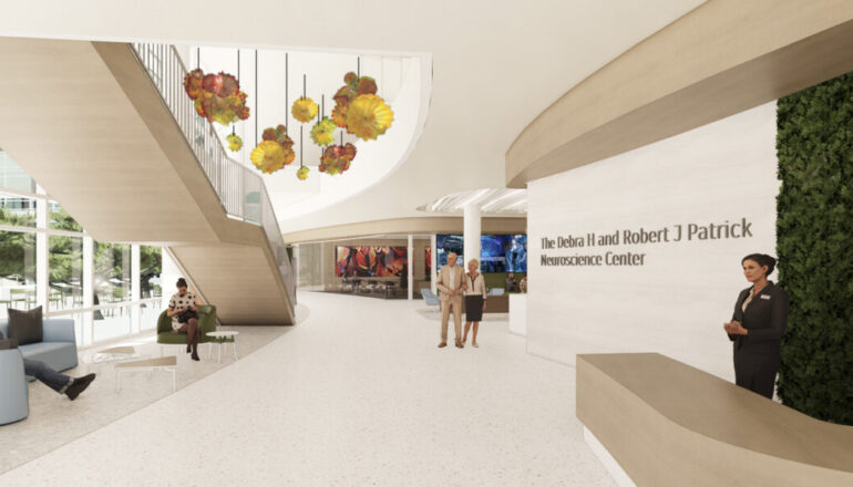A rendering of people walking through the Ochsner Neuroscience Center main entry and atrium.
