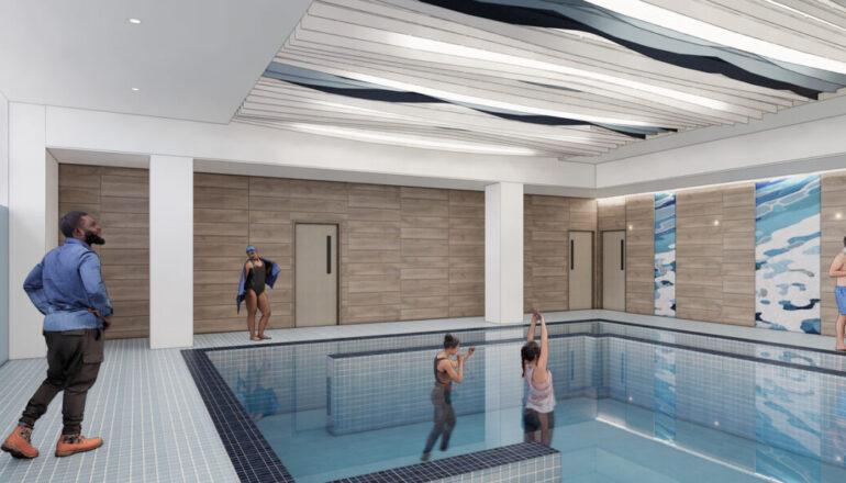 A rendering of people in the therapy pool in the new Ochsner Neuroscience Center.